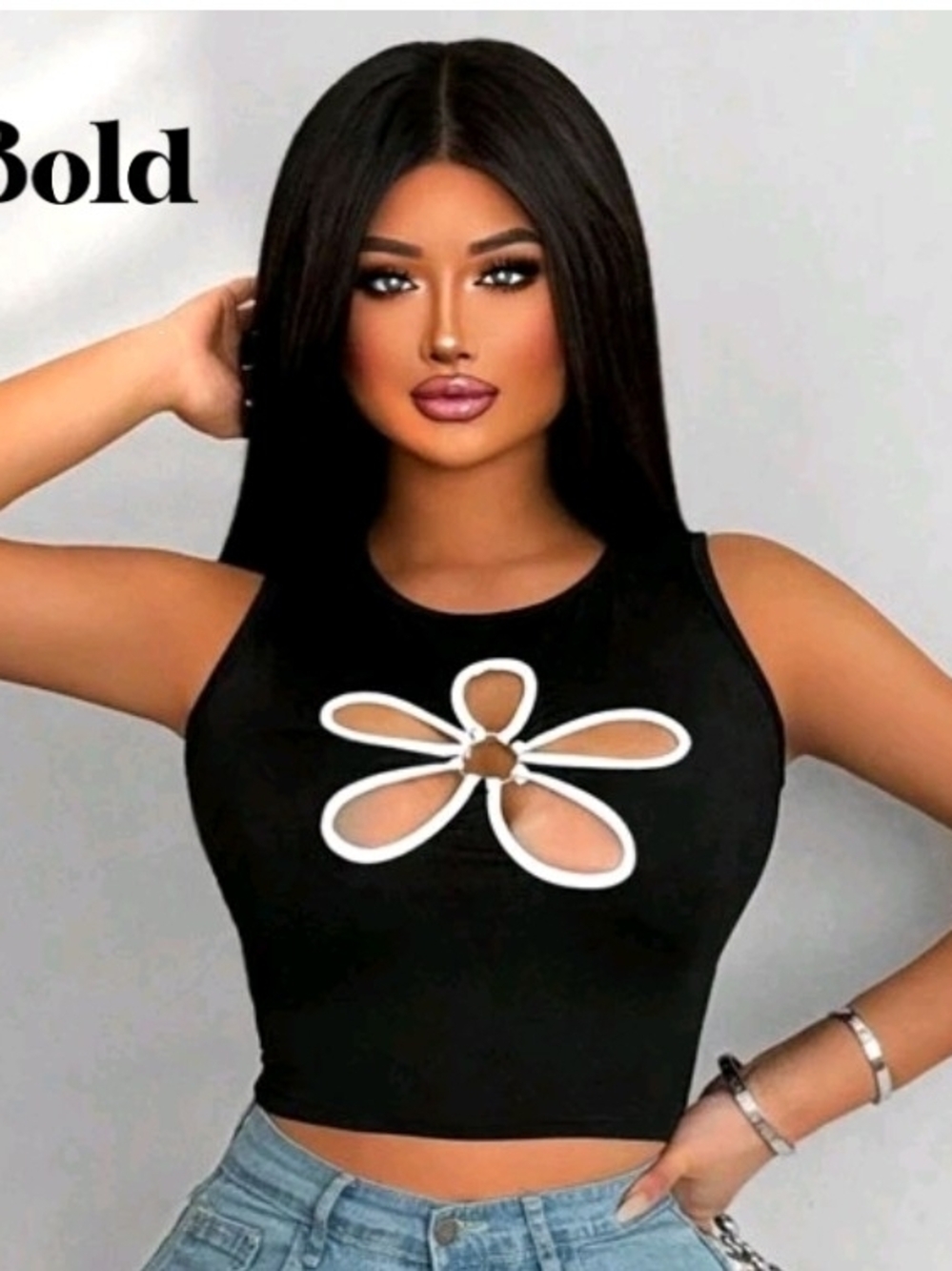 SHEIN Black Sleeveless Crop Top with White Floral Cutout